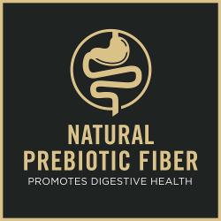 Cat food package label highlighting containing natural prebiotic fiber.
