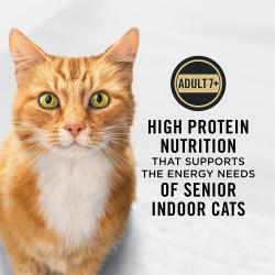 Cat food package label highlighting high protein nutrition that supports senior indoor cats.