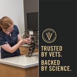 Cat food package label highlighting Pro Plan cat food is trusted by vets and backed by science
