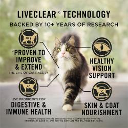 Cat food package label highlighting how Pro Plan LiveClear cat food is backed by 10 years of research