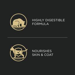 Cat food package label highlighting a highly digestible formula and nourishing skin and coat.