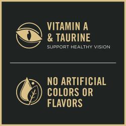 Cat food package label highlighting containing vitamin a and calcium