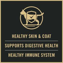 Cat food package label highlighting supporting digestive health and healthy skin and coats