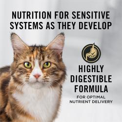 Etiqueta del empaque de alimento para gatos que destaca la nutrición para sistemas sensibles y una fórmula altamente digestible