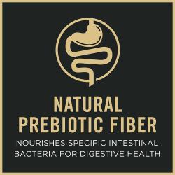 Cat food package label highlighting containing natural prebiotic fiber