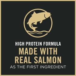 Cat food package label highlighting made with real salmon