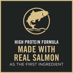 Cat food package label highlighting made with real salmon
