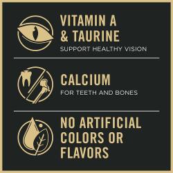 Cat food package label highlighting containing vitamin a and calcium