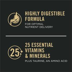 Cat food package label highlighting a highly digestible formula and 25 vitamins and minerals.