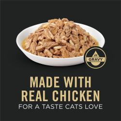 Cat food package label highlighting made with real chicken