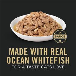 Cat food package label highlighting made with real ocean whitefish