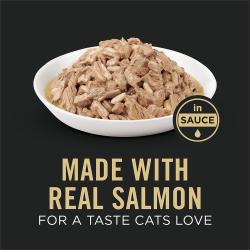 Cat food package label highlighting made with real salmon