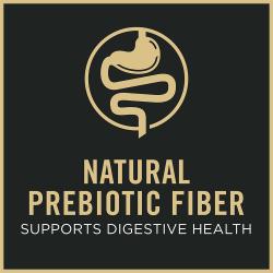 Dog food package label highlighting natural prebiotic fiber to support digestive health.