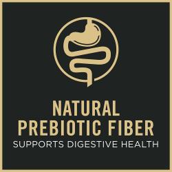 Etiqueta del envase de alimento para perros que destaca la fibra prebiótica natural para favorecer la salud digestiva.