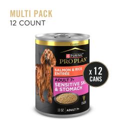 Purina Pro Plan Adult Seven Plus Sensitive Skin and Stomach salmon wet dog food twelve cans.