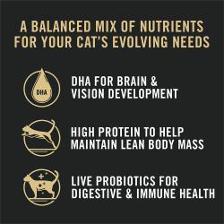Cat food package label highlighting balanced nutrients including DHA and high protein