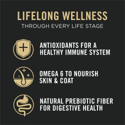 Etiqueta del paquete de comida para gatos que destaca el bienestar a lo largo de toda la vida en cada etapa de la vida.