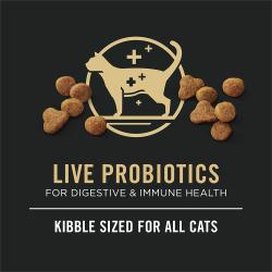 Cat food package label highlighting live probiotics for digestive and immune health