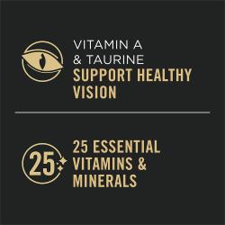 Etiqueta del empaque del alimento para gatos que destaca la taurina para apoyar la visión y que contiene vitaminas y minerales.