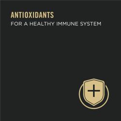 Etiqueta del empaque de alimento para gatos que destaca antioxidantes para un sistema inmunológico saludable.