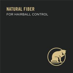 Etiqueta del empaque de alimento para gatos que destaca la fibra natural para el control de bolas de pelo.