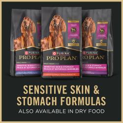 Purina Pro Plan Sensitive Skin and Stomach wet dog food is also available in dry food formulas