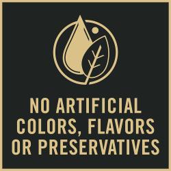 Dog food package label highlighting made with no artificial colors flavors or preservatives.