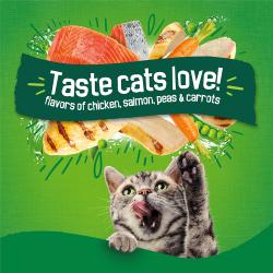 ¡El sabor que los gatos aman! Sabores de pollo, salmón, guisantes y zanahorias