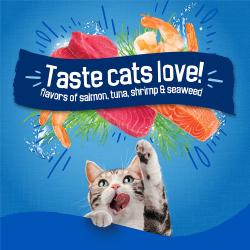 ¡El sabor que los gatos aman! Sabores de salmón, atún, camarón y algas marinas