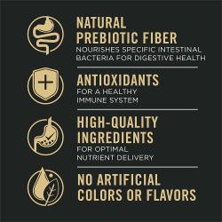 Etiqueta del empaque de alimento para gatos que destaca fibra prebiótica e ingredientes de alta calidad.