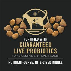 Cat food package label highlighting guaranteed live probiotics.