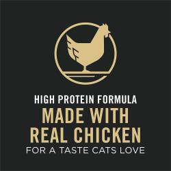 Cat food package label highlighting made with real chicken.