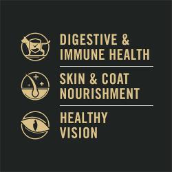 Etiqueta del empaque de alimento para gatos que destaca el apoyo a la salud del sistema inmunológico y la nutrición de la piel y el pelaje.