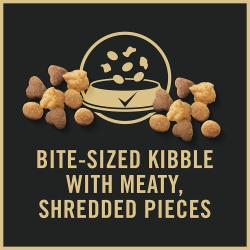 Cat food package label highlighting bite sized kibble with meaty shredded pieces.
