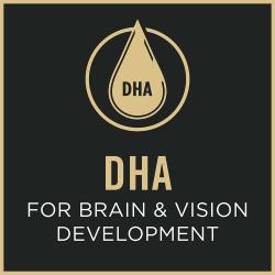 Dog food package label highlighting DHA for brain and vision development.