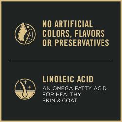 Dog food package label highlighting no artificial colors or flavors and linoleic acid.