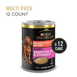 Purina Pro Plan Puppy Sensitive Skin and Stomach salmon wet dog food twelve cans.