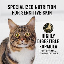 Purina Pro Plan Sensitive Skin and Stomach dry food is specialized nutrition for cats with sensitive skin.