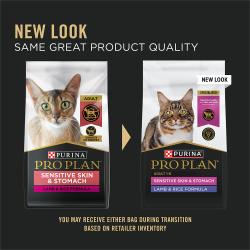 Purina Pro Plan Sensitive Skin and Stomach Lamb and Rice dry cat food has new packaging but the same great product quality.