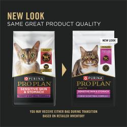 Purina Pro Plan Sensitive Skin and Stomach Turkey and Oat Meal dry cat food has new packaging but the same great product quality.