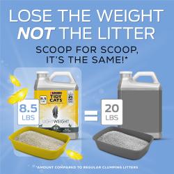 Lose the weight not the litter. Scoop for scoop, it's the same! 8.5 lbs of Tidy Cats LeightWeight 4-In-1 equals 20 lbs of regular clumping litters