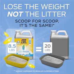 Lose the weight not the litter. Scoop for scoop, it's the same! 8.5 lbs of Tidy Cats LeightWeight With Glade Clear Springs equals 20 lbs of regular clumping litters