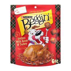 beggin' turkey stuffers with bacon n' turkey dog treats package