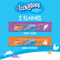 El paquete variado de Friskies lil Lickables contiene 2 sabores: atún o pollo.