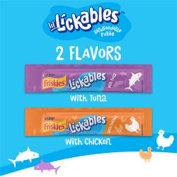 Friskies lil Lickables variety pack contains 2 flavors tuna or chicken.