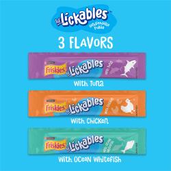 El paquete variado de Friskies lil Lickables contiene 3 sabores: atún, pollo o pescado blanco del océano.
