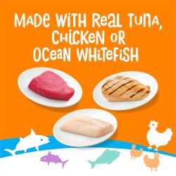 Los premios para gatos Friskies lil Lickables están hechos con atún real, pollo real o pescado blanco del océano real.