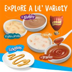 Explora un poco de variedad con los premios para gatos Friskies lil gravies, lil bits n broth y lil soups.