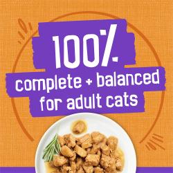 Friskies Meaty Bits chicken dinner in gravy wet cat food is 100 percent complete and balanced for adult cats.