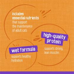 La comida húmeda para gatos Friskies Meaty Bits cena de pollo en salsa contiene proteína de alta calidad y nutrientes esenciales para gatos adultos.